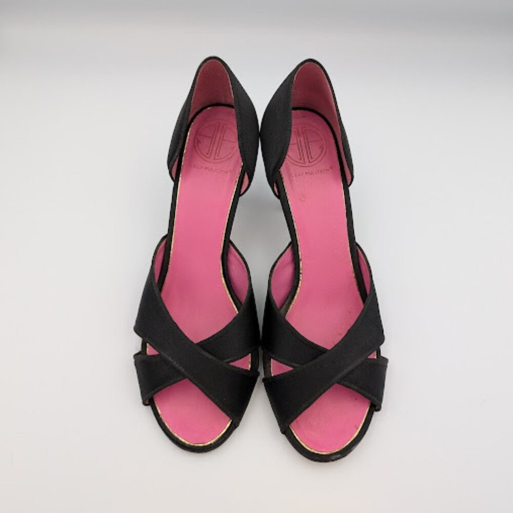 Lilly Pulitzer “Cross Your Fingers” Heels | Black Satin | Pink Lining
